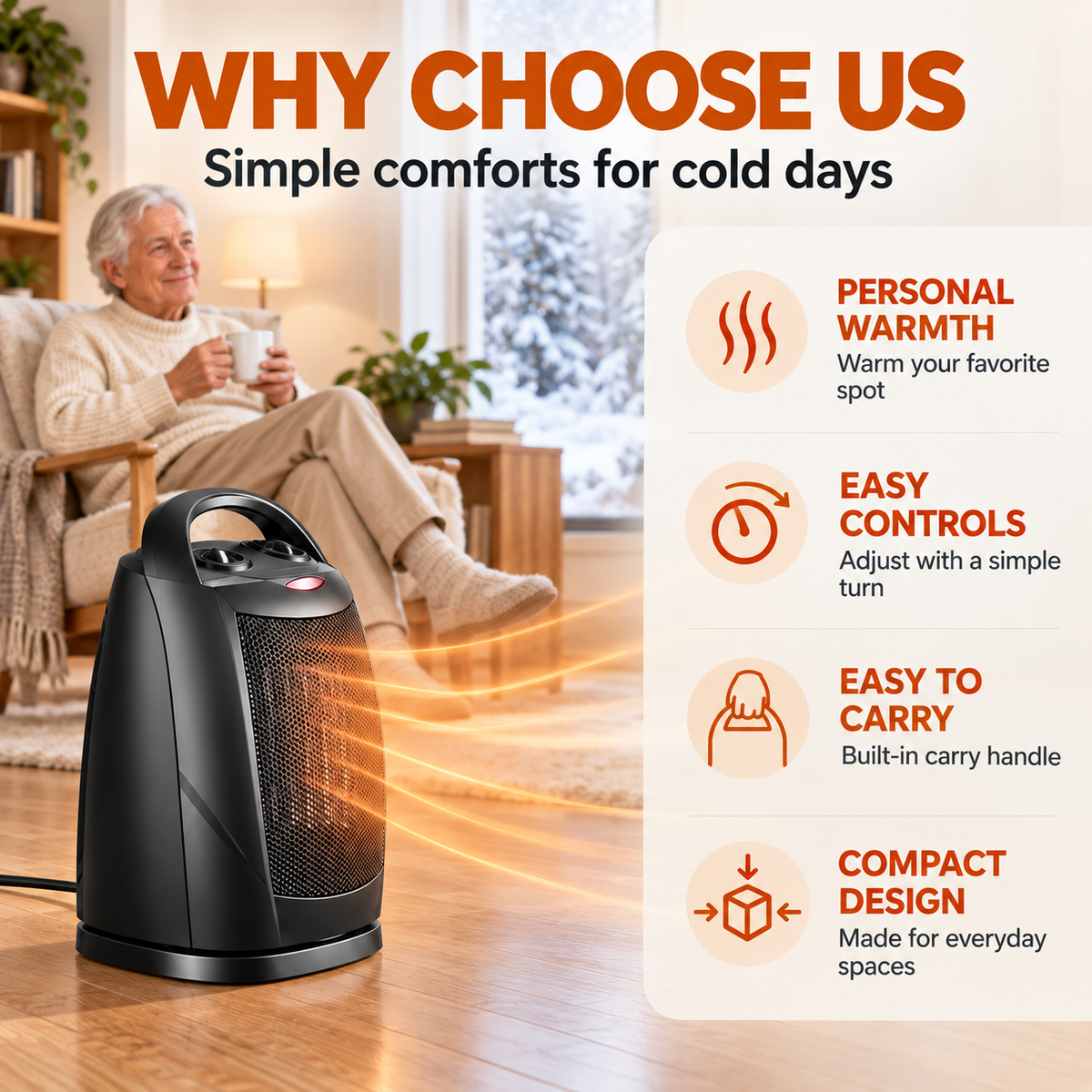 🔥Portable PTC Ceramic Space Heater – 90° Oscillation, 3 Modes & Tip-Over Protection