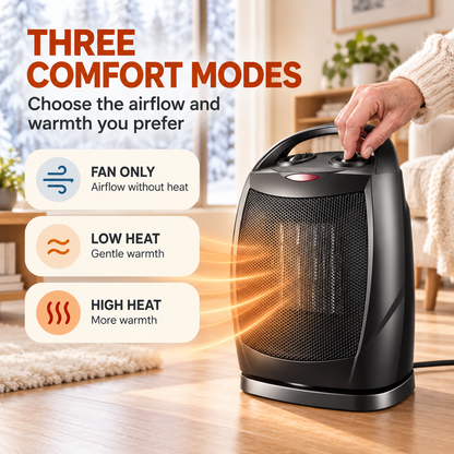 🔥Portable PTC Ceramic Space Heater – 90° Oscillation, 3 Modes & Tip-Over Protection