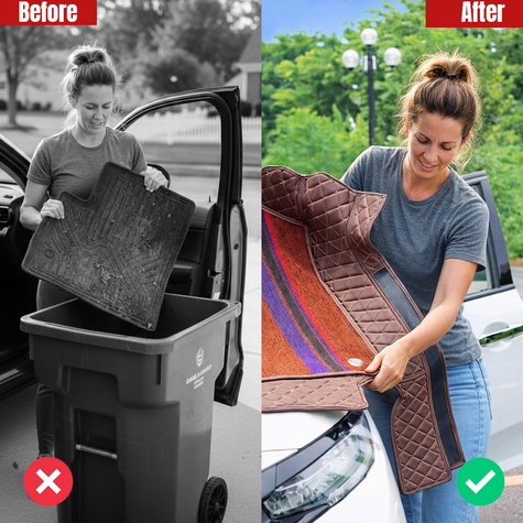 Before and after comparison of standard floor mats and custom-fit floor mats