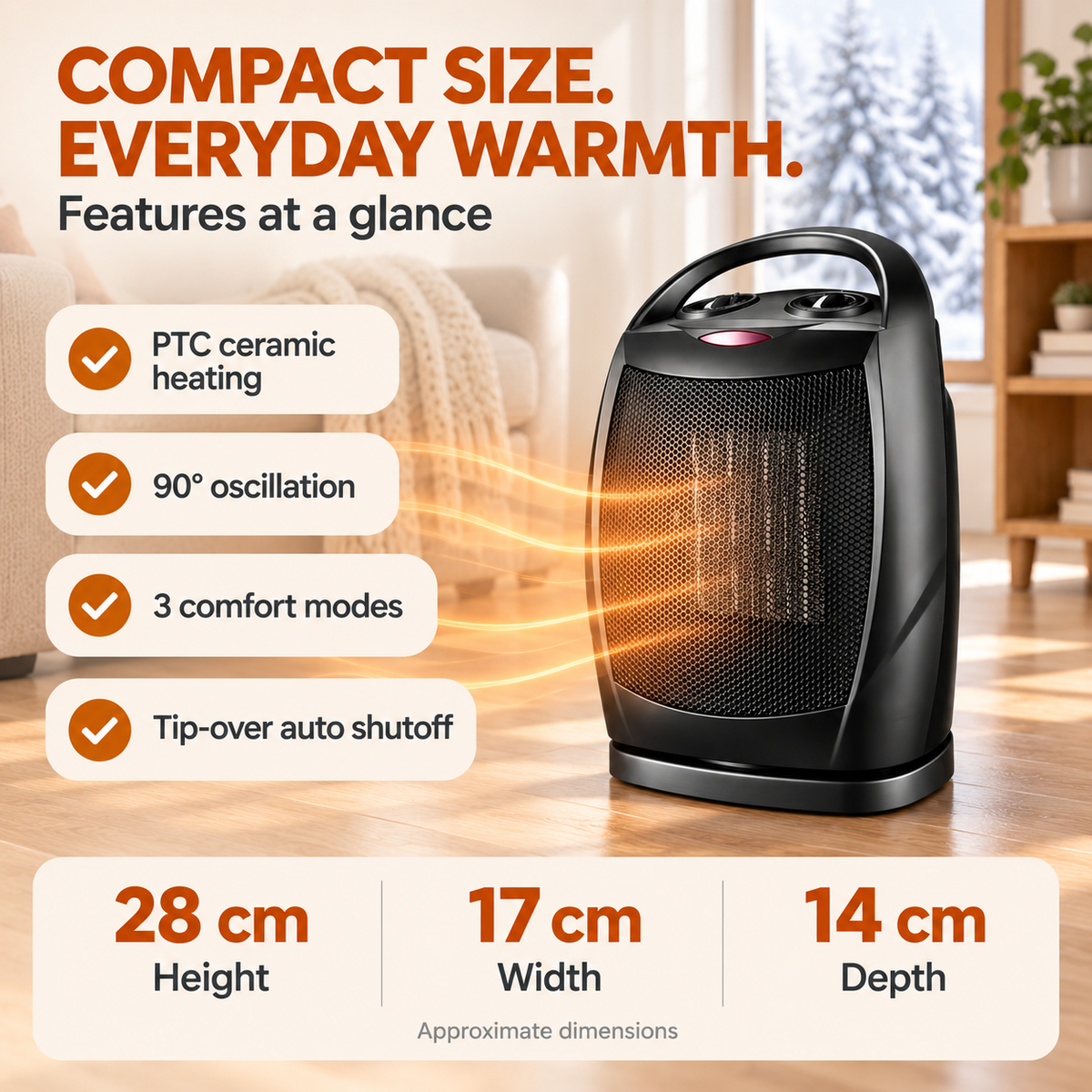 🔥Portable PTC Ceramic Space Heater – 90° Oscillation, 3 Modes & Tip-Over Protection